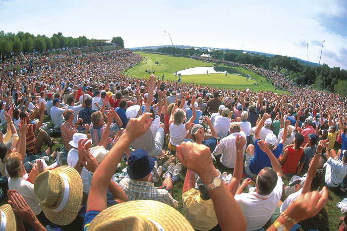 General view of the crowds as they react to events on the 17th green during the final day singles of the Johnnie Walker Ryder Cup at the Valderrama Golf Club in Sotogrande in Spain. Mandatory Credit: Stephen Munday /Allsport