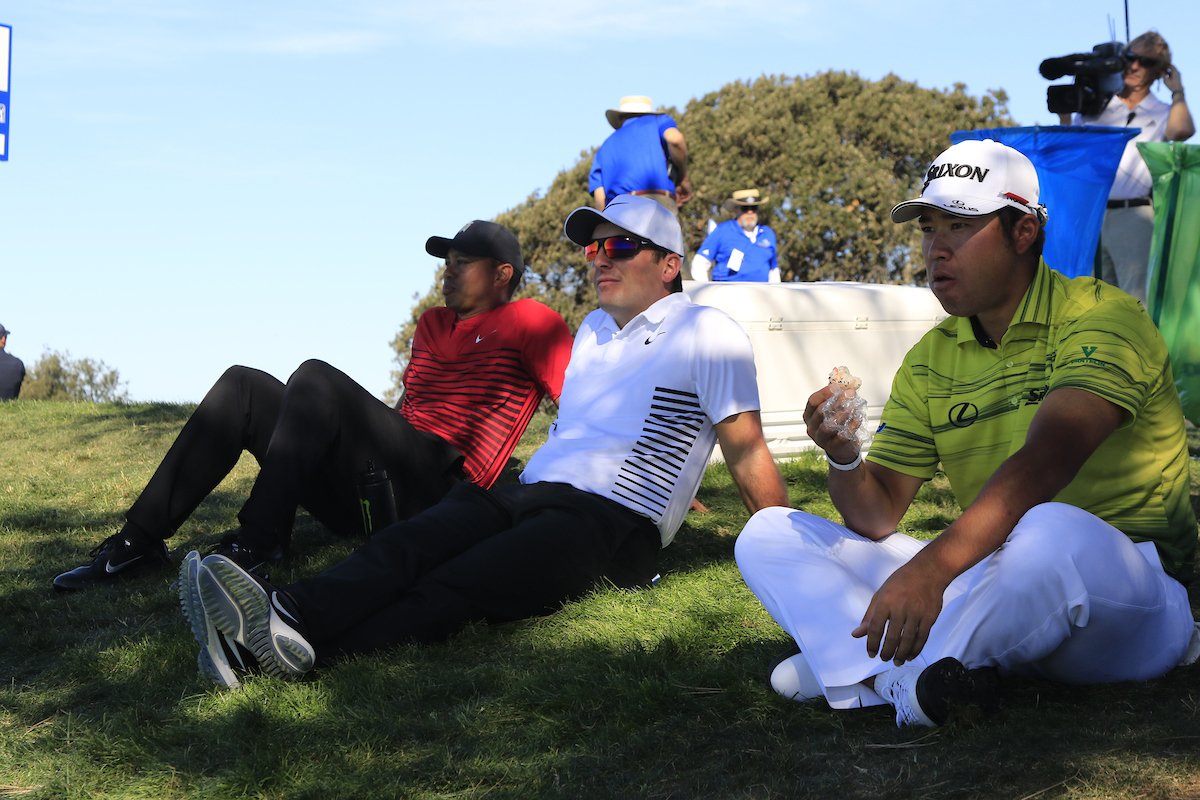 Tiger Woods, en la ronda final en Torrey Pines, con Francesco Molinari y Hideki Matsuyama. © Golffile | Eoin Clarke