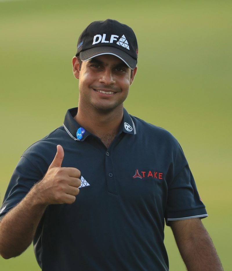 Shubhankar Sharma of India in action during the Pro Am prior to the start of the NBO Oman Open at Al Mouj Golf on February 14, 2018 in Muscat, Oman.  (Photo by Andrew Redington/Getty Images)