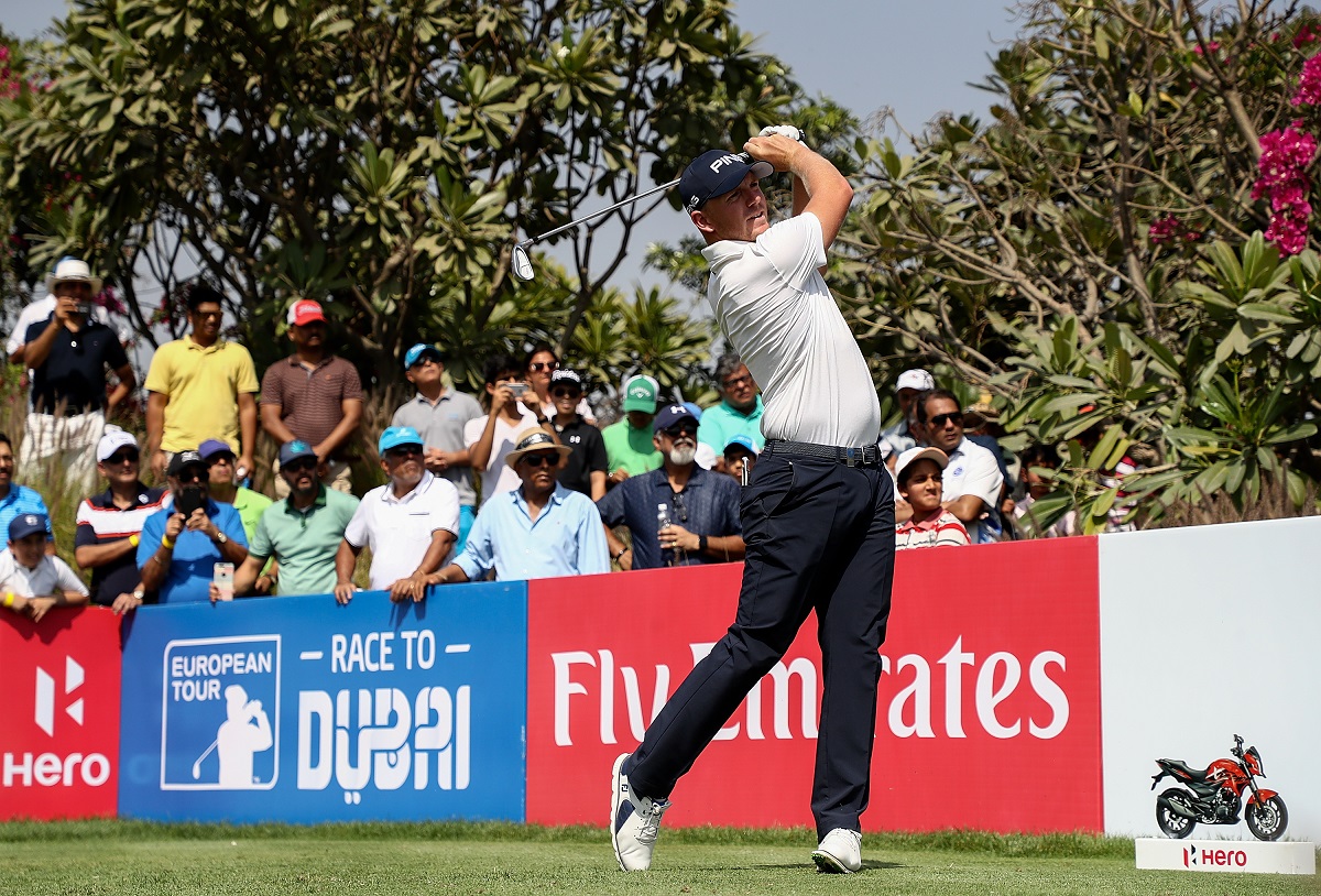 Matt Wallace of England hits his tee shot on the 16th hole during day four of The Hero Indian Open at Dlf Golf and Country Club on March 11, 2018 in New Delhi, India.  (Photo by Matthew Lewis/Getty Images)