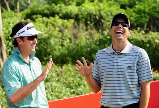 Gonzalo Fernández Castaño y Sergio García bromean hoy durante el Pro-Am.