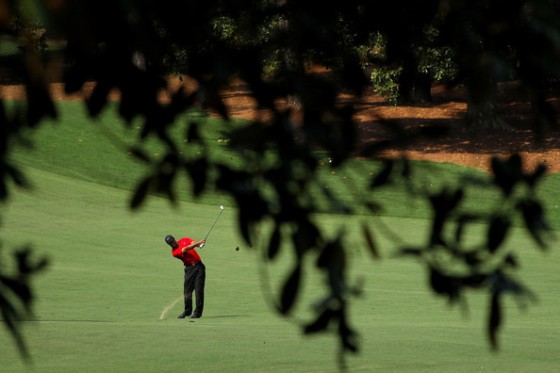 Tiger Woods pega su golpe desde la calle del hoyo 10.