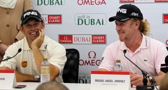 Lee Westwood y Miguel Ángel Jiménez, durante la rueda de prensa que han ofrecido hoy en Dubai.