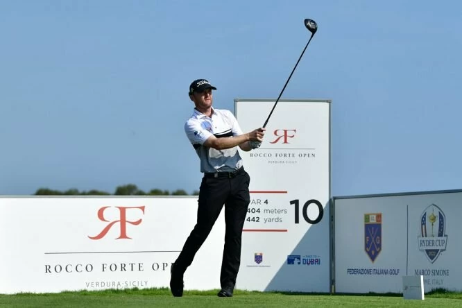 Michael Hoey of Northern Ireland tees off during the first round of the Rocco Forte Open at Verdura Golf and Spa Resort. © Getty Images | Stuart Franklin
