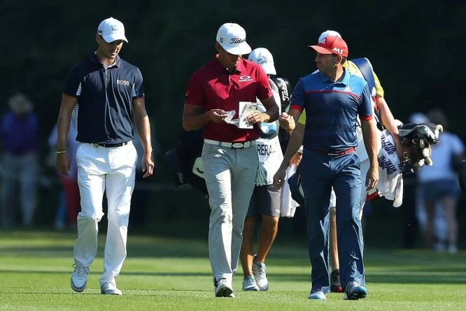 Sergio García, Rafa Cabrera Bello y Martin Kaymer durante la primera ronda en Golfclub Munchen Eichenried. © Twitter European Tour