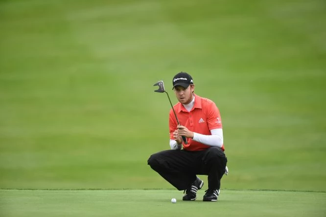 Steven Brown, from England, lines up a putt on the first green during the 2nd round of the Volopa Irish Challenge at Mount Wolseley Hotel Spa and Golf Resort on September 9, 2016 in Carlow, Ireland. (Photo by Patrick Bolger/Getty Images)