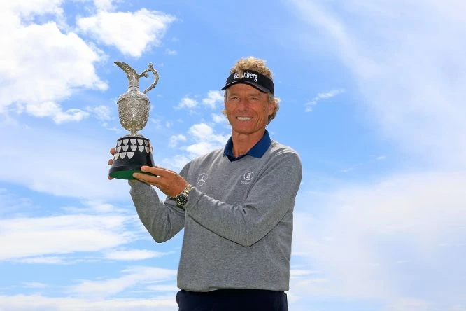 Bernhard Langer of Germany poses with the winners trophy after the final round of the Senior Open Championship at Royal Porthcawl Golf Club on July 30, 2017 in Bridgend, Wales. (Photo by Phil Inglis/Getty Images)