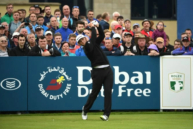 Jon Rahm of Spain tees off on the 17th hole during day one of the Dubai Duty Free Irish Open at Portstewart Golf Club on July 6, 2017 in Londonderry, Northern Ireland. (Photo by Ross Kinnaird/Getty Images)