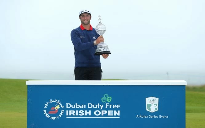 Jon Rahm of Spain poses with the trophy after his victory during the final round of the Dubai Duty Free Irish Open at Portstewart Golf Club on July 9, 2017 in Londonderry, Northern Ireland. (Photo by Warren Little/Getty Images)
