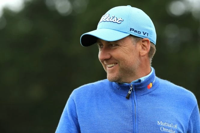 an Poulter of England smiles on the 18th hole during day three of the AAM Scottish Open at Dundonald Links Golf Course on July 15, 2017 in Troon, Scotland. (Photo by Andrew Redington/Getty Images)