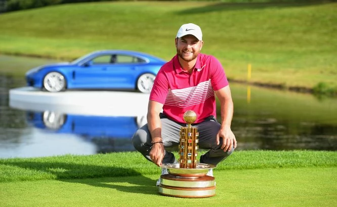 Jordan Smith of England poses with the trophy after winning the Porsche European Open during the Porsche European Open - Day Four at Green Eagle Golf Course on July 30, 2017 in Hamburg, Germany. (Photo by Tony Marshall/Getty Images)