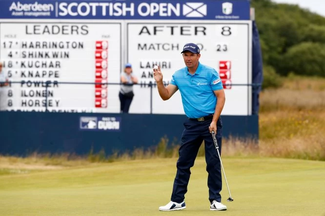 Padraig Harrington of Ireland acknowledges the crowd on the 9th green during day two of the AAM Scottish Open at Dundonald Links Golf Course on July 14, 2017 in Troon, Scotland. (Photo by Gregory Shamus/Getty Images)