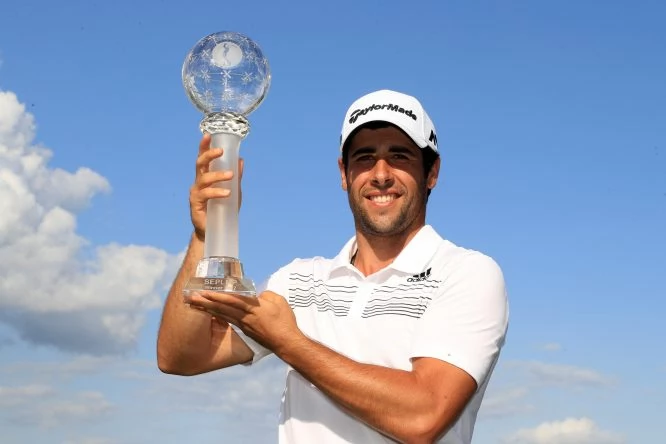 Adrian Otaegui of Spain holds the trophy aloft following his victory over Marcel Siem of Germany during the final match of the Saltire Energy Paul Lawrie Matchplay at Golf Resort Bad Griesbach on August 20, 2017 in Passau, Germany. (Photo by Matthew Lewis/Getty Images)