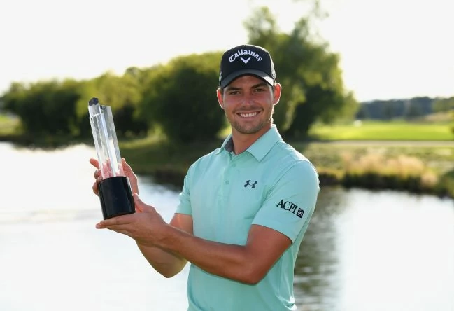 Haydn Porteous of South Africa poses with the trophy as he celebrates victory after the final round on day four of the D+D REAL Czech Masters at Albatross Golf Resort on September 3, 2017 in Prague, Czech Republic. (Photo by Ross Kinnaird/Getty Images)