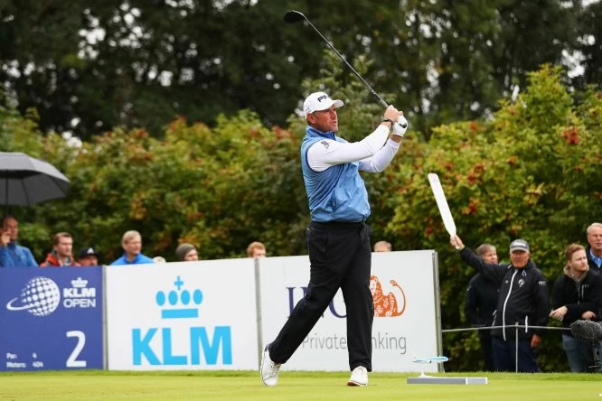 Lee Westwood of England hits his tee shot on the 2nd hole during day 3 of the European Tour KLM Open held at The Dutch on September 16, 2017 in Spijk, Netherlands. (Photo by Dean Mouhtaropoulos/Getty Images)
