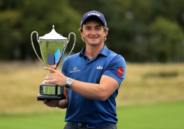 Paul Dunne of Ireland celebrates with the trophy during day four of the British Masters at Close House Golf Club on October 1, 2017 in Newcastle upon Tyne, England. (Photo by Andrew Redington/Getty Images)