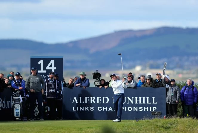 Paul Dunne of Ireland tees off on the 14th during day one of the 2017 Alfred Dunhill Championship at The Old Course on October 5, 2017 in St Andrews, Scotland. (Photo by Richard Heathcote/Getty Images)