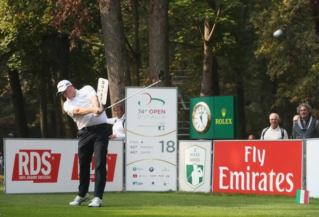 Marcus Fraser of Australia tees off on the 18th hole during day two of the Italian Open at Golf Club Milano - Parco Reale di Monza on October 13, 2017 in Monza, Italy. (Photo by Christopher Lee/Getty Images)
