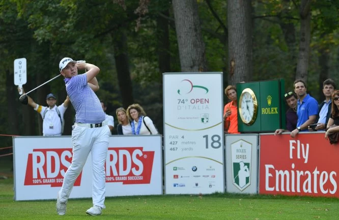 Matt Wallace of England plays a shot during the third round of the Italian Open at Golf Club Milano - Parco Reale di Monza on October 14, 2017 in Monza, Italy. (Photo by Stuart Franklin/Getty Images)