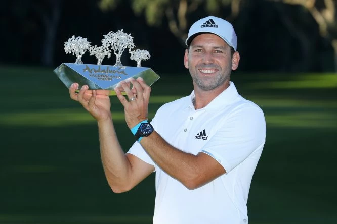 Sergio Garcia of Spain poses with the trophy following his victory during the final round of of the Andalucia Valderrama Masters at Real Club Valderrama on October 22, 2017 in Cadiz, Spain. (Photo by Warren Little/Getty Images)
