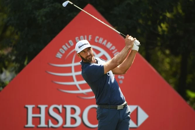 Dustin Johnson of the United States plays his shot from the sixth tee during the third round of the WGC - HSBC Champions at Sheshan International Golf Club on October 28, 2017 in Shanghai, China. (Photo by Ross Kinnaird/Getty Images)