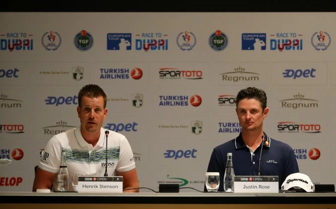 Henrik Stenson of Sweden and Justin Rose of England speak to the media during a press conference ahead of the Turkish Airlines Open at the Regnum Carya Resort on November 01, 2017 in Antalya, Turkey. (Photo by Richard Heathcote/Getty Images)