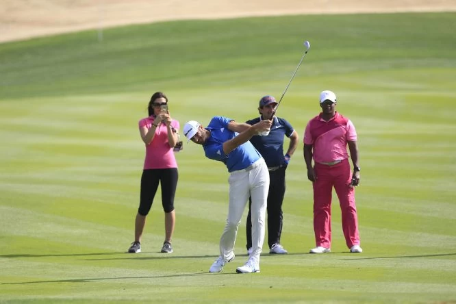 Dustin Johnson hoy en el Abi Dhabi Golf Club. © Golffile | Thos Caffrey