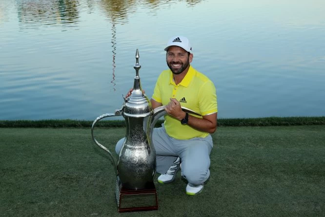 Sergio Garcia of Spain poses with the trophy after his two shot victory during the final round of the 2017 Omega Dubai Desert Classic on the Majlis Course at the Emirates Golf Club at Emirates Golf Club on February 5, 2017 in Dubai, United Arab Emirates. (Photo by David Cannon/Getty Images)