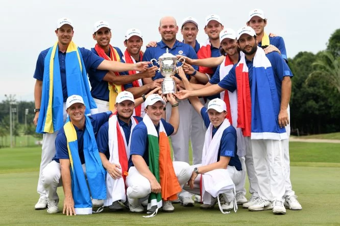 Europe Captain Thomas Bjorn and the Europe team pose with the trophy following their victory during the singles matches on day three of the 2018 EurAsia Cup presented by DRB-HICOM at Glenmarie G&CC on January 14, 2018 in Kuala Lumpur, Malaysia. (Photo by Stuart Franklin/Getty Images)
