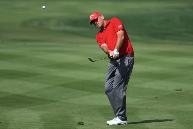Thomas Bjorn of Denmark plays his third shot on the second hole during round one of the Abu Dhabi HSBC Golf Championship at Abu Dhabi Golf Club on January 18, 2018 in Abu Dhabi, United Arab Emirates. (Photo by Matthew Lewis/Getty Images)