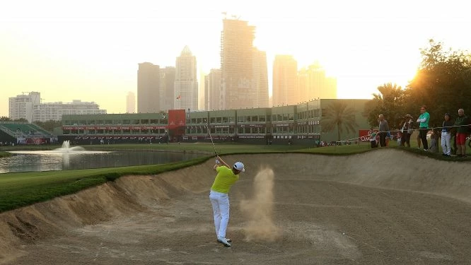 Jamie Donaldson of England hits his second shot on the 9th hole during round one of the Omega Dubai Desert Classic at Emirates Golf Club on January 25, 2018 in Dubai, United Arab Emirates. (Photo by Andrew Redington/Getty Images)