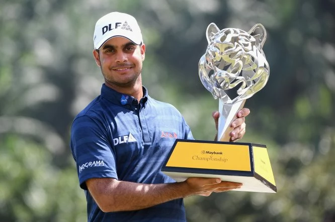 Shubhankar Sharma of India poses with the trophy during day four of the Maybank Championship Malaysia at Saujana Golf and Country Club on February 4, 2018 in Kuala Lumpur, Malaysia. (Photo by Ross Kinnaird/Getty Images)