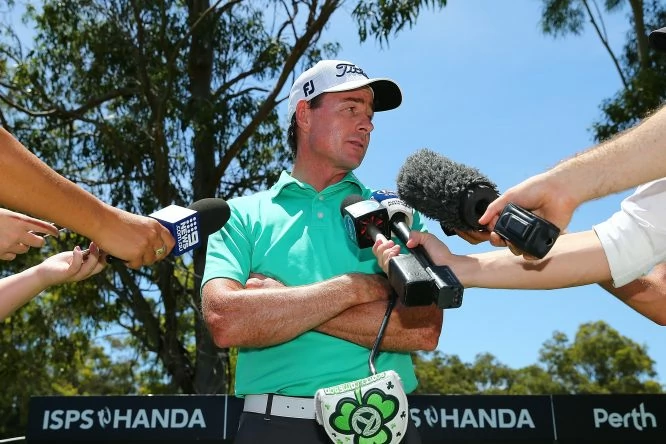 Brett Rumford of Australia speaks to the media on the 13th tee ahead of the 2018 ISPS HANDA World Super 6 at Lake Karrinyup Country Club on February 6, 2018 in Perth, Australia. (Photo by Paul Kane/Getty Images)