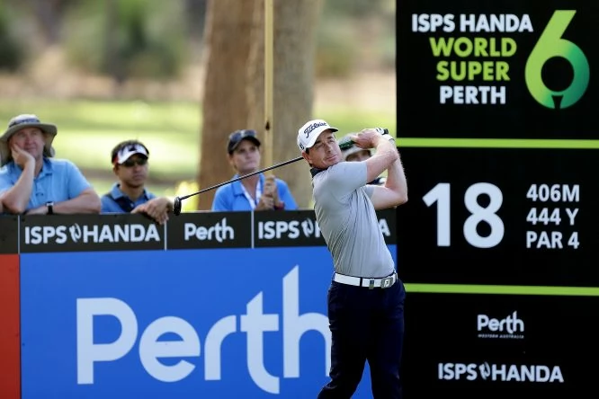 Brett Rumford of Australia plays his tee shot on the 18th during day one of the World Super 6 at Lake Karrinyup Country Club on February 8, 2018 in Perth, Australia. (Photo by Will Russell/Getty Images)