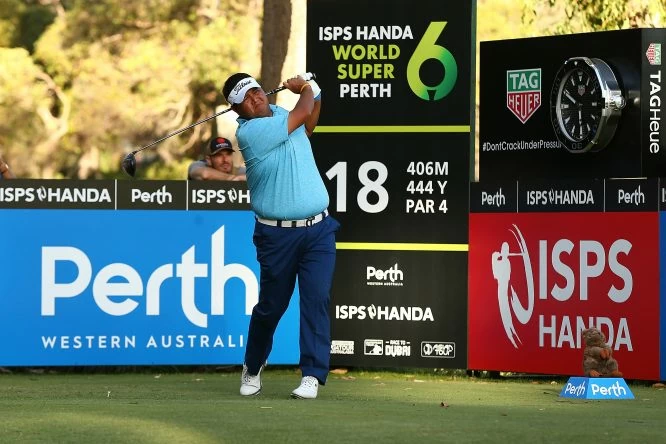 Prom Meesawat of Thailand watches his tee shot on the 18th hole during day two of the World Super 6 at Lake Karrinyup Country Club on February 9, 2018 in Perth, Australia. (Photo by Paul Kane/Getty Images)