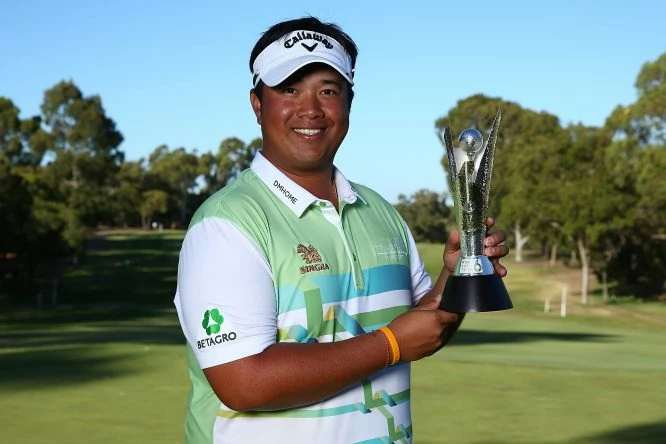 Kiradech Aphibarnrat of Thailand holds the trophy after winning the final match against James Nitties of Australia during day four of the World Super 6 at Lake Karrinyup Country Club on February 11, 2018 in Perth, Australia. (Photo by Paul Kane/Getty Images)