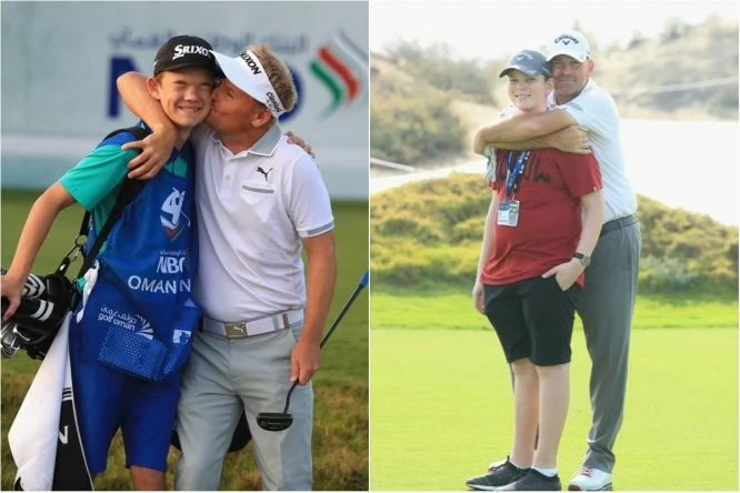 Søren Kjeldsen with son Emil and Thomas Bjørn with son Oliver during the Pro Am prior to the start of the NBO Oman Open at Al Mouj Golf on February 14, 2018 in Muscat, Oman. (Photo by Andrew Redington/Getty Images)