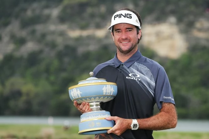 AUSTIN, TX - MARCH 25: Bubba Watson of the United States celebrates with the Walter Hagen Cup after winning the World Golf Championships-Dell Match Play at Austin Country Club on March 25, 2018 in Austin, Texas. (Photo by Richard Heathcote/Getty Images)