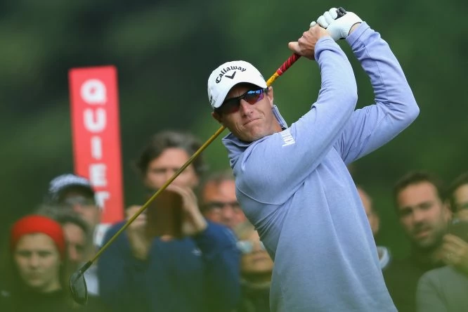Nicolas Colsaerts of Belgium plays his shot of the 16th tee during the second round of the Belgian Knockout at at the Rinkven International Golf Clubon May 18, 2018 in Antwerpen, Belgium. (Photo by Warren Little/Getty Images)