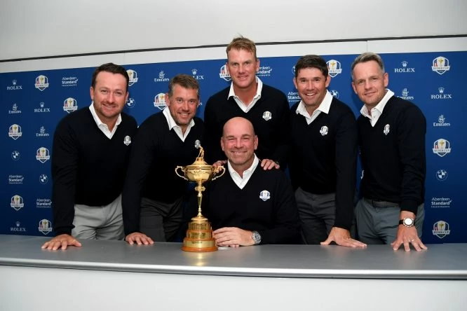 European Ryder Cup Captain Thomas Bjørn (front) with his Vice Captains (l to r) Graeme McDowell, Lee Westwood, Robert Karlsson, Padraig Harrington and Luke Donald. (Photo by Ross Kinnaird/Getty Images)