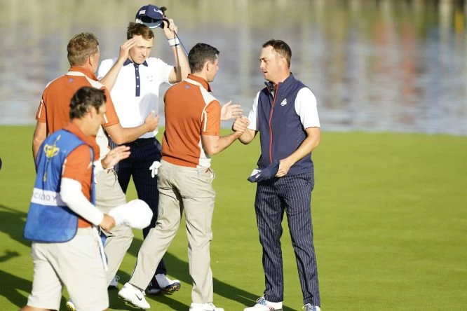 Ian Poulter, Jordan Spieth, Rory McIlroy y Justin Thomas en los foursomes de hoy sábado. © Golffile | Fran Caffrey