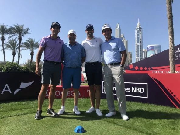 Rafa Cabrera Bello, José María Olazábal, Álvaro Quirós y Gonzalo Fernández Castaño, en el tee del 1 del Emirates.