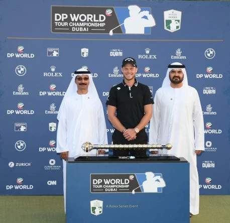 Sultan Ahmed Bin Sulayem, Chairman CEO DP World 2018 DP World Tour Championship, winner Danny Willett and Mohammed Al Muellem, Managing Director DP World, during the final round of the DP World Tour Championship at Jumeirah Golf Estates on November 18, 2018 in Dubai, United Arab Emirates.