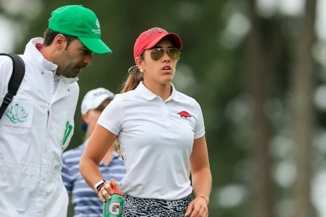 María Fassi, junto a Txema Sánchez en Augusta el pasado sábado. © Golffile | Fran Caffrey
