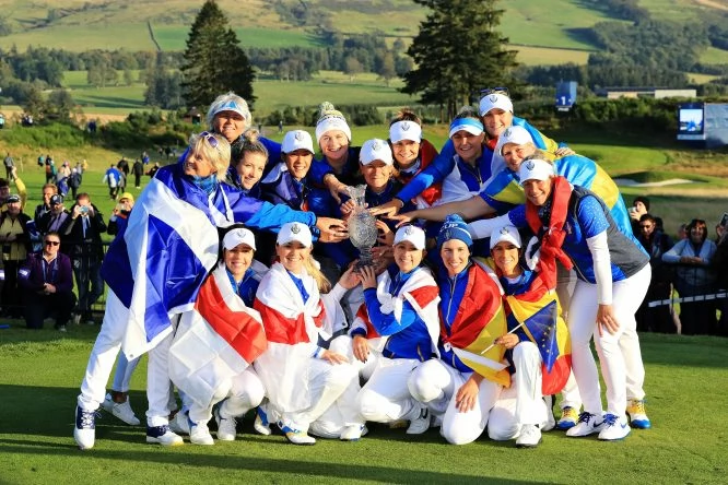 Team Europe celebrate winning the Solheim Cup during the final day singles matches of the Solheim Cup at Gleneagles on September 15, 2019 in Auchterarder, Scotland. (Photo by David Cannon/Getty Images)