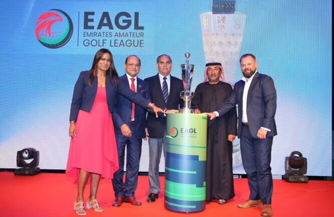 Mr Sudesh Aggarwal (2nd from left), Mr Taimur Hassan (centre) and Mr Khalid Mubarak Al Shamsi (2nd from right), along with Ms Priyaa Kumria, EAGL administrator (far left) and Mr Bobby Fiala of EGF (far right), at the launch of the newly conceptualised Emirates Amateur Golf League.