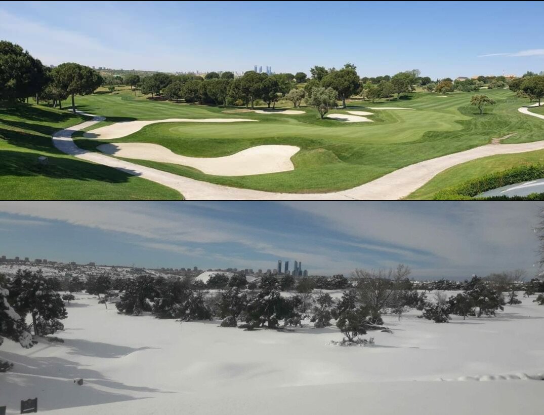 El hoyo 9 de la Moraleja, antes y después de la nevada.