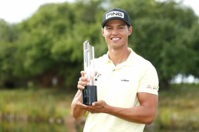 Johannes Veerman of United States poses with the trophy after winning the D+D Real Czech Masters during Day Four of The D+D Real Czech Masters at Albatross Golf Resort on August 22, 2021 in Prague, Czech Republic. (Photo by Oisin Keniry/Getty Images)