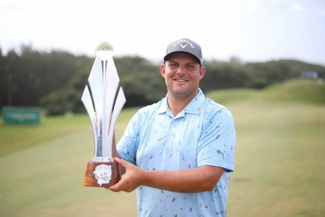 JC Ritchie celebrates winning during day 4 of the Jonsson Workwear Open at Durban Country Club and Mount Edgecombe Country Club on February 27, 2022 in Durban, South Africa. (Photo by Carl Fourie/Gallo Images