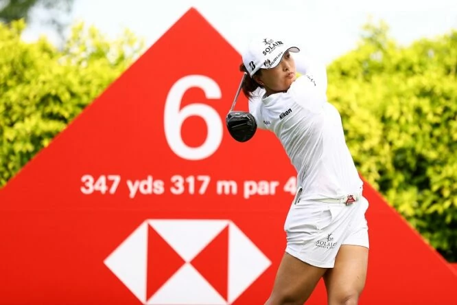 Jin Young Ko of South Korea plays her shot from the sixth tee during the second round of the HSBC Women's World Championship at Sentosa Golf Club on March 04, 2022 in Singapore. (Photo by Yong Teck Lim/Getty Images)